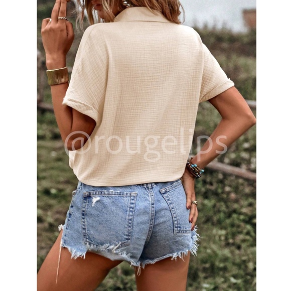 Cotton Beige Short Sleeve Collared Shirt Drawstring Ties Rolled Sleeve Cuff - Picture 4 of 8